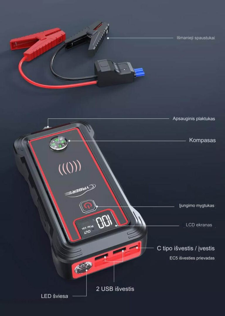 Leistungsstarkes Powerbank-Autobatterie-Booster-Ladegerät 2500 A 23800 mAh mit 10 W kabellosem Ladegerät Užsisakykite Trendai.lt 8